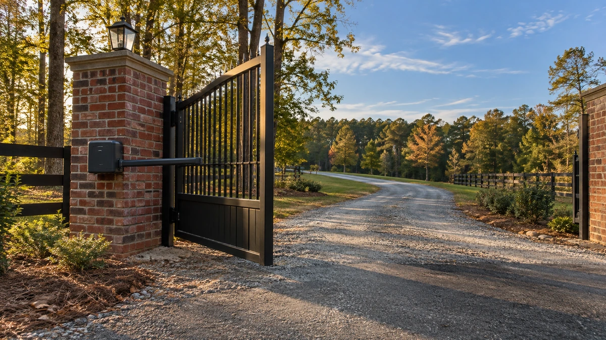 Two dark walnut woodgrain carriage house garage doors in a stone surround on a home in Stanly County North Carolina