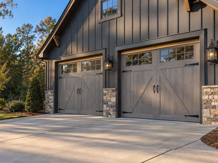 A pair of grey woodgrain carriage house garage doors on a board and batten home with a stone base