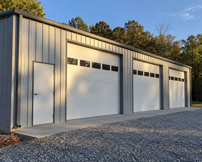 White commercial sectional overhead doors with a vision light row on a steel building elevation