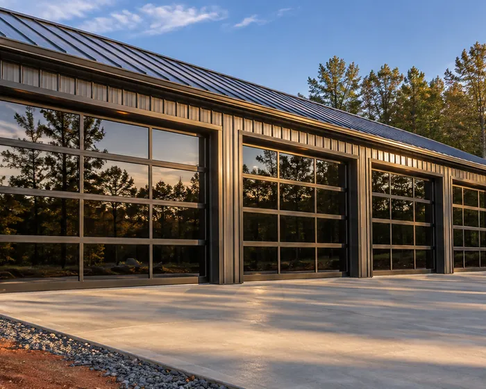 A run of dark framed full view aluminum glass garage doors along a commercial elevation