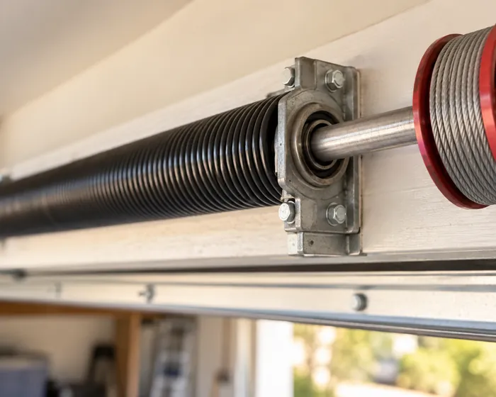A torsion spring, torsion shaft and cable drum mounted above a garage door opening