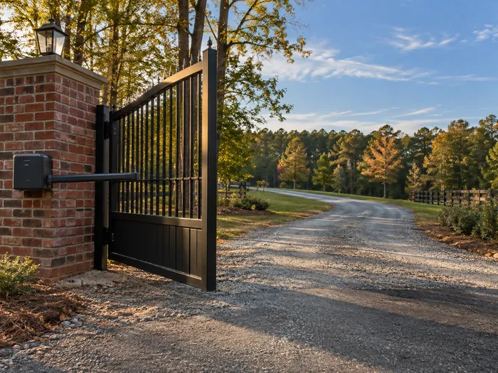 A black metal driveway swing gate standing open with its operator arm mounted to the post